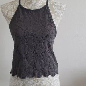 American Eagle Grey Sleeveless Halter Lace Crop Top Size M